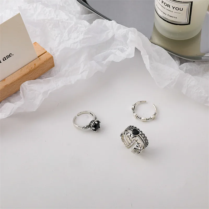 2021 Nový Kórejský Black Crystal Srdce Vintage Prstene Pre Ženy Módne Šperky Nastaviteľný Krúžok Darček