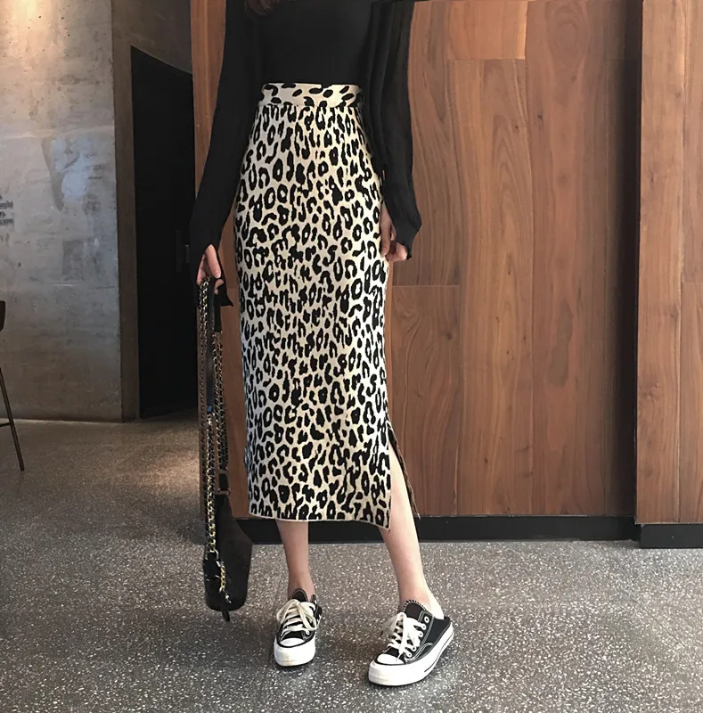 2021 skoro na jar nové dlhou štrbinou pletené leopard sukne ženy vysoký pás pletené sukne