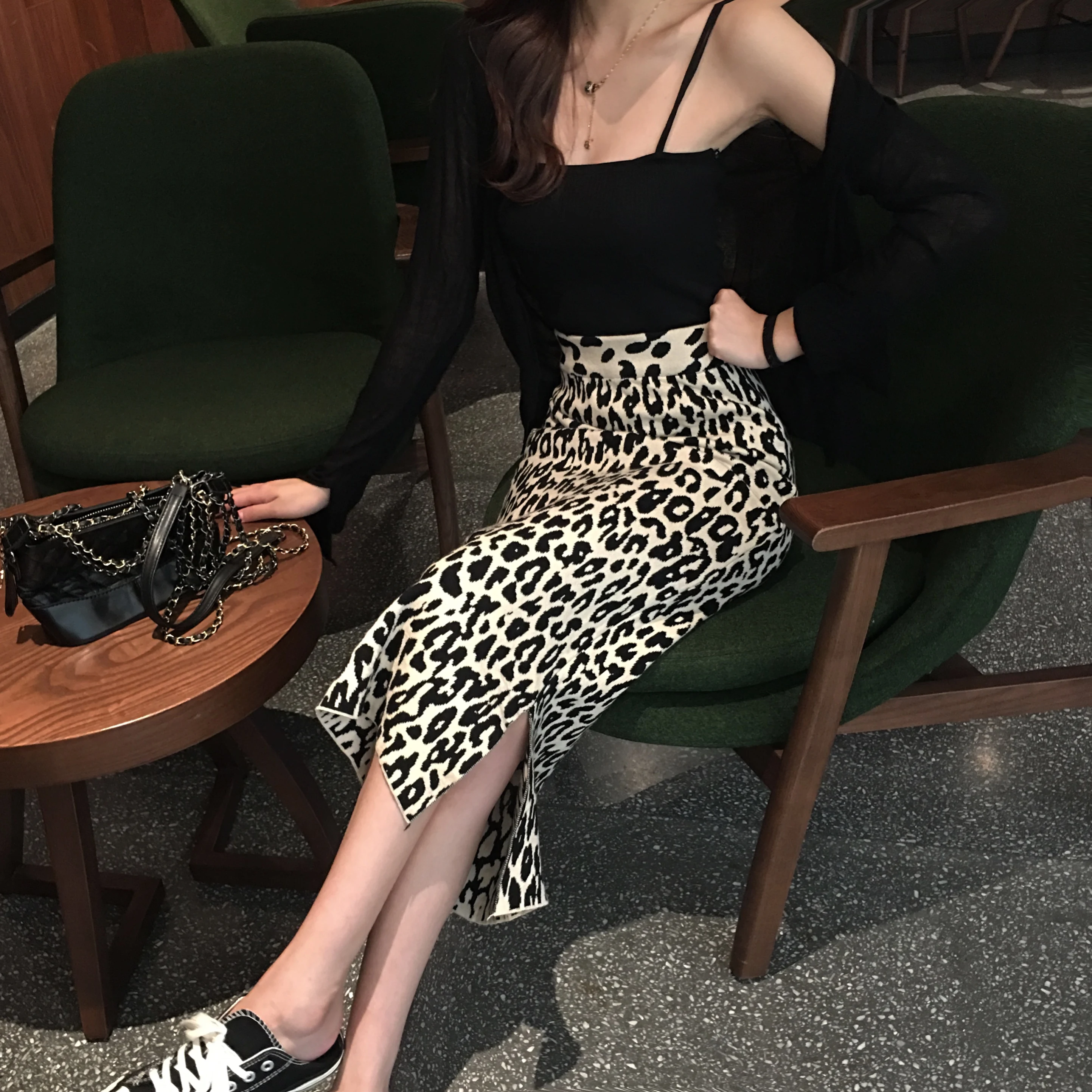 2021 skoro na jar nové dlhou štrbinou pletené leopard sukne ženy vysoký pás pletené sukne