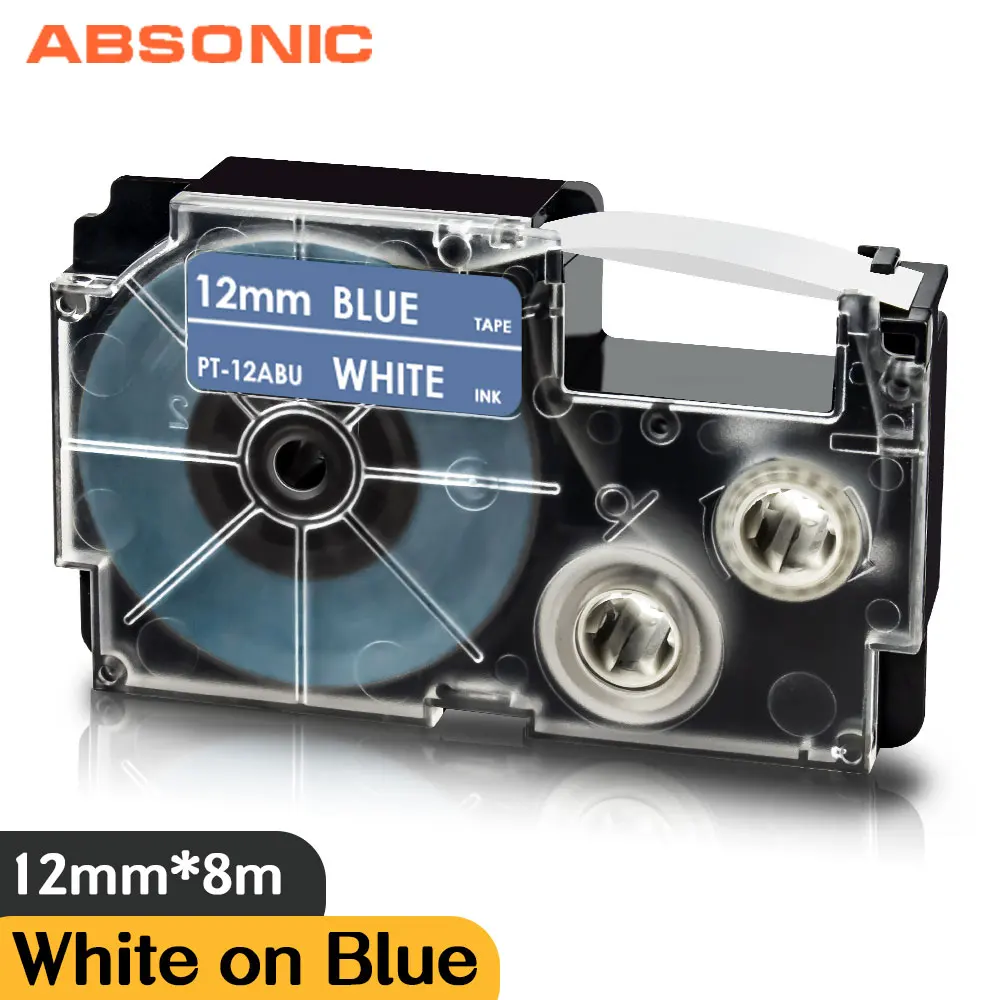 Absonic XR-12ABU Bielej na Modrú 12 mm Kompatibilný Označenie Páskou pre Casio KL60 KL100 KL120 KL750 KL780 KL820 KL7000 KL-7200 LabelMaker