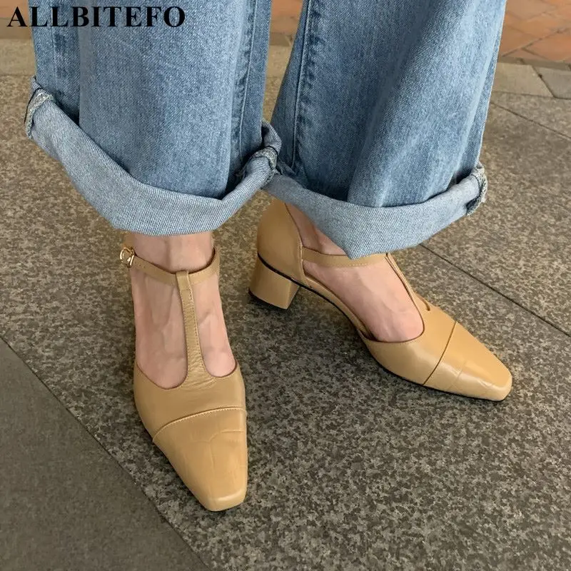ALLBITEFO módne retro pravej kože značky vysoké podpätky strany žien topánky letné ženy vysokom podpätku topánky sandále ženy