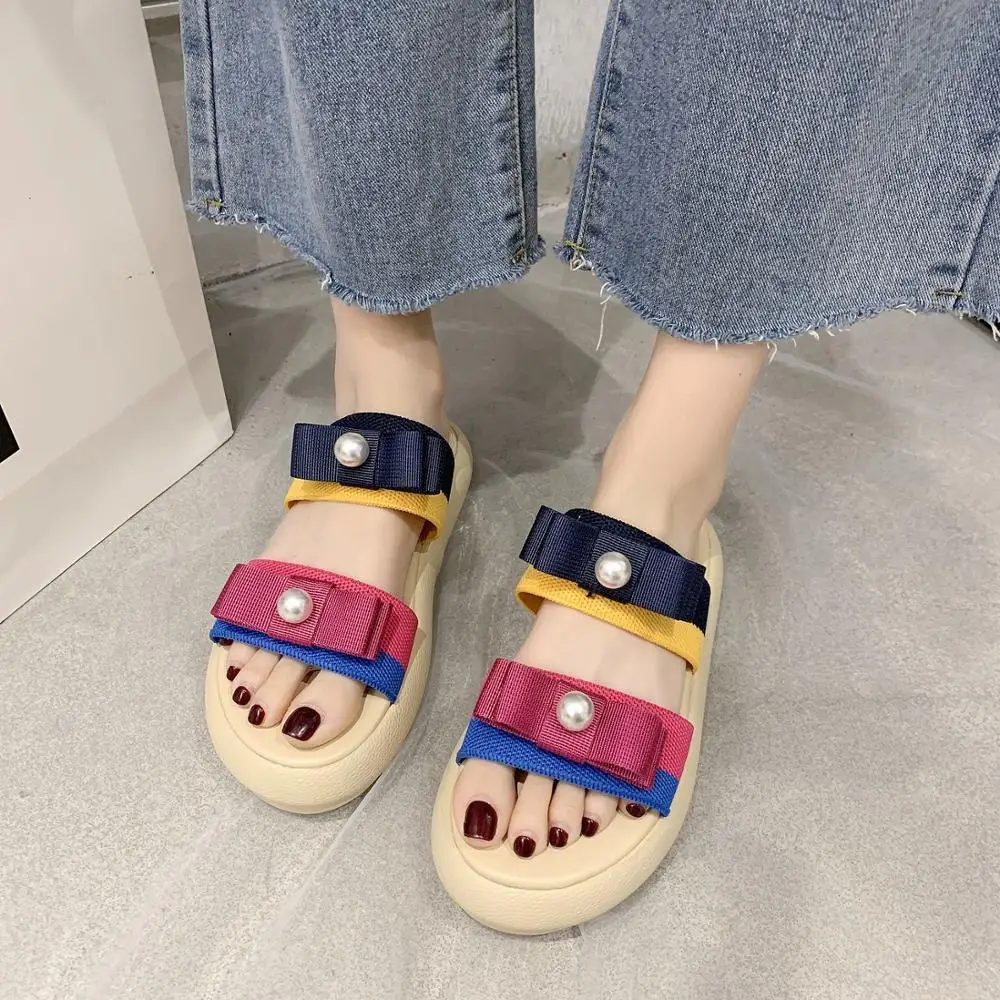 Bowknot muffin hrubé dno žena papuče 2020 letné nový-line sandále nosiť módne pláže topánky Z794