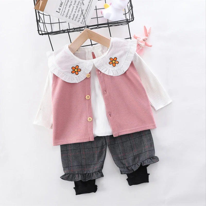 Dievčatá 2020 jar nový kórejský roztomilý pop bábika golier košele sveter vesta + koberčeky legíny tri-dielna sada