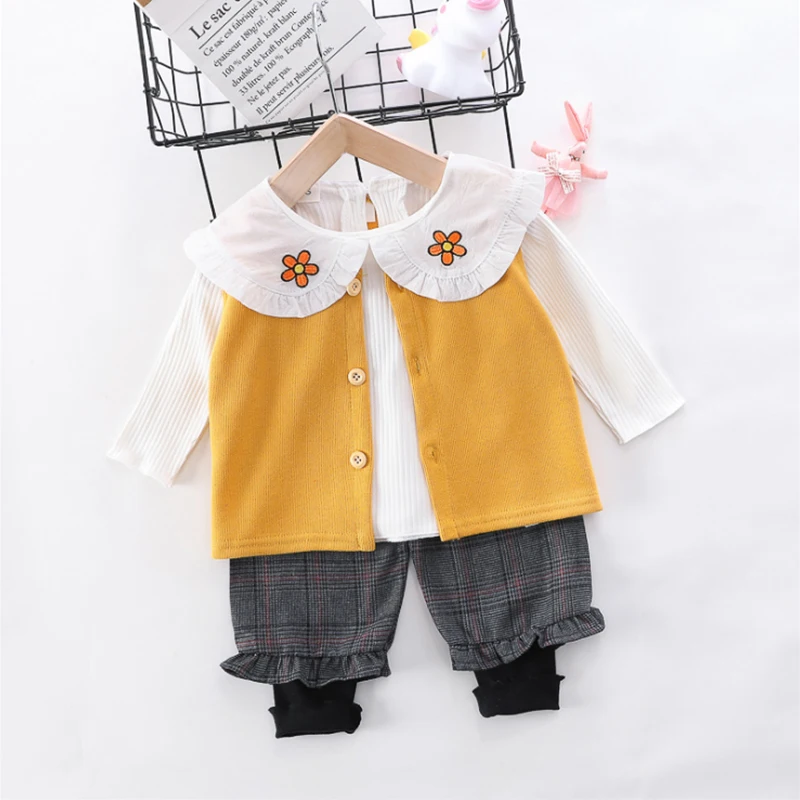Dievčatá 2020 jar nový kórejský roztomilý pop bábika golier košele sveter vesta + koberčeky legíny tri-dielna sada
