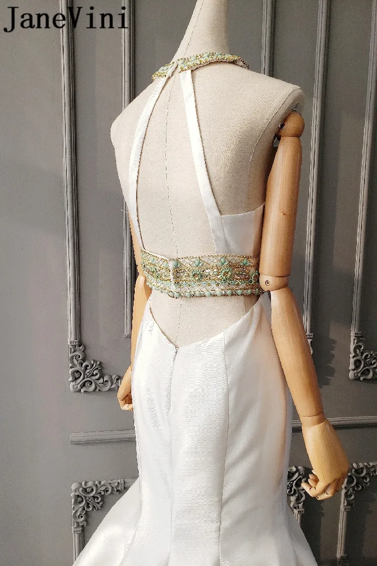 JaneVini Luxusné Morská víla Afriky Prom Šaty pre Ženy Dlho Crystal Biele Perlové Otvoriť Späť Večerné Šaty Saténové Formálnej Strany Šaty