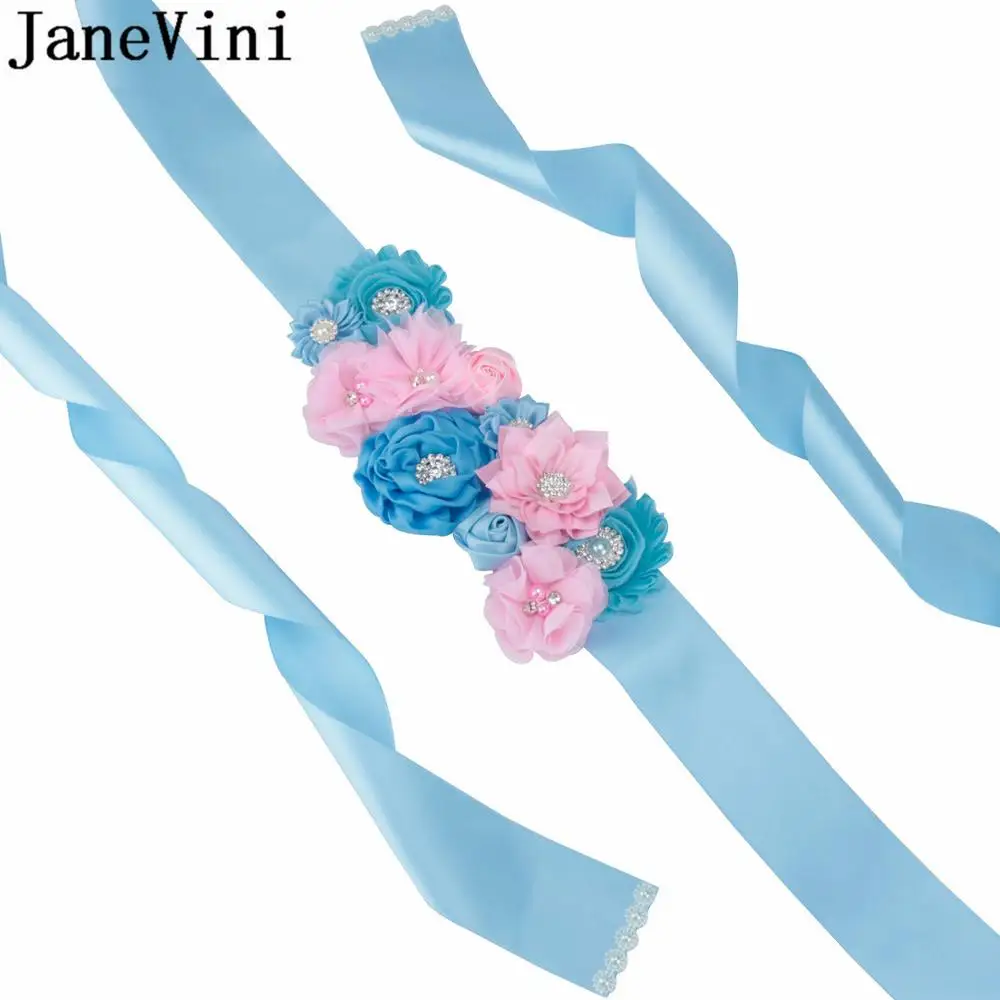 JaneVini Sky Blue Ribbon Svadobné Pás Príslušenstvo Luxusný Pearl Crystal Kamienkami Kvetinové Svadobné Šaty Pásy Krídla Bruidsriem