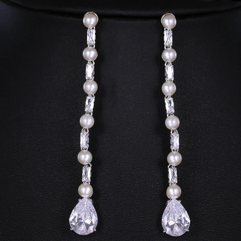 Krásne dlhé Pearl náušnice Šperky 925 Sterling Silver Brincos Zirkón Stud Náušnice Pre Ženy mincový striebro-šperky