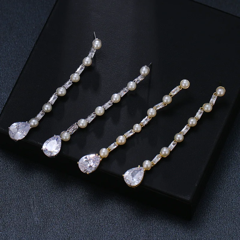 Krásne dlhé Pearl náušnice Šperky 925 Sterling Silver Brincos Zirkón Stud Náušnice Pre Ženy mincový striebro-šperky