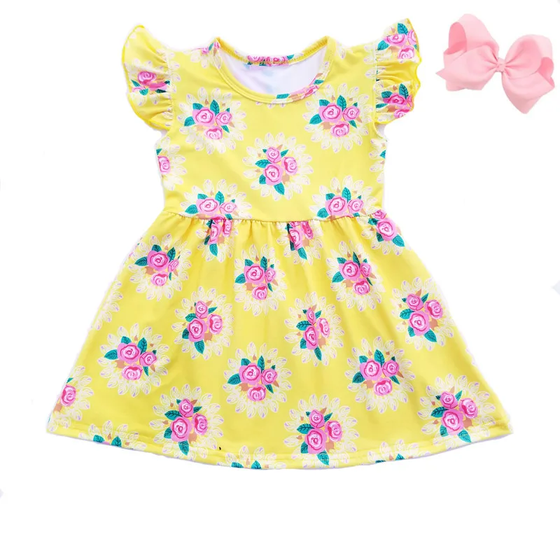 Nový Prišli Baby Dievčatá Šaty Ružová Kvetinová Pearl Žlté Šaty flutter Rukáv Mlieko Hodváb Deti Boutique Oblečenie Zápas Klip Luk