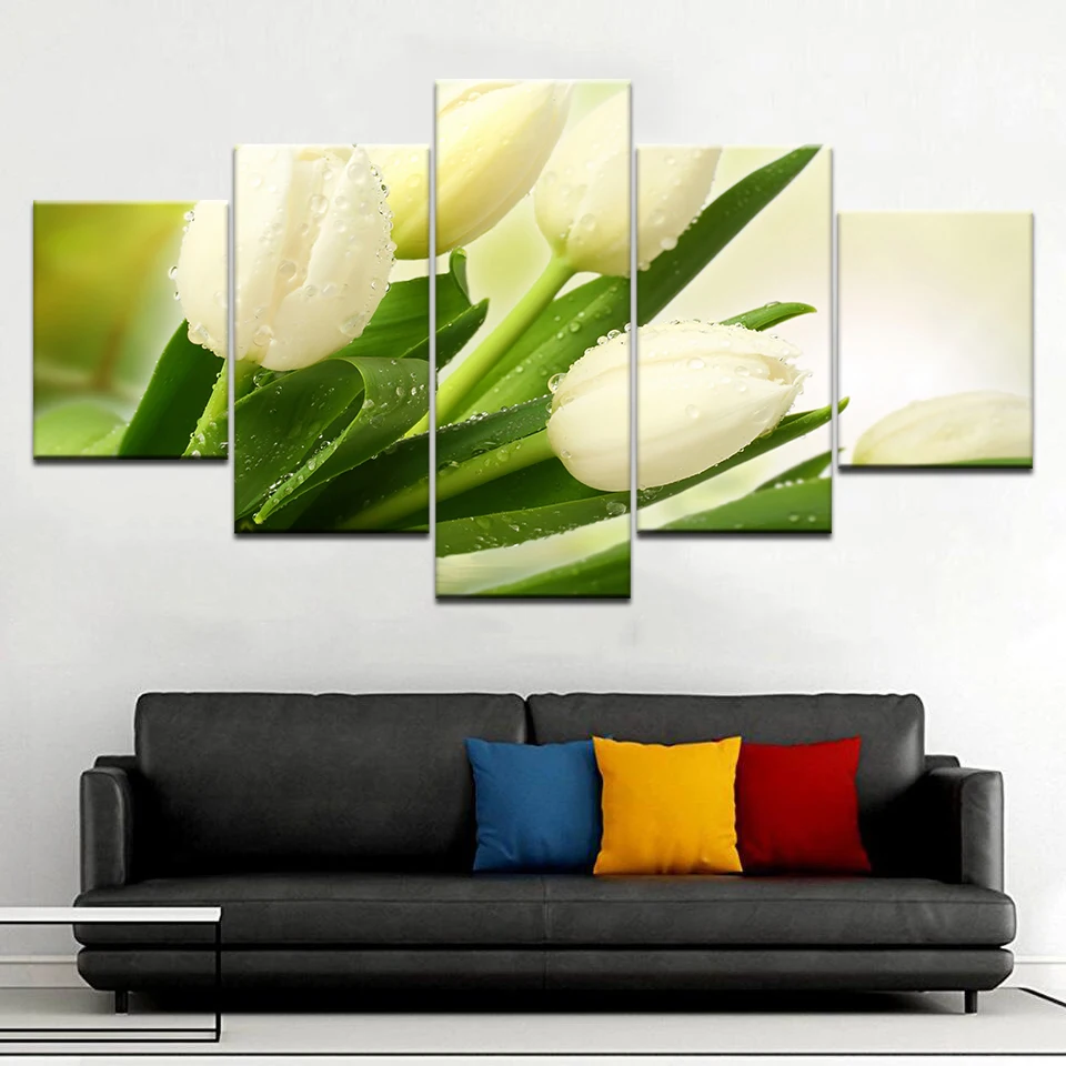 Plátno Obrazy Modulárny Domova Rámec HD Výtlačkov Obrázkov 5 Ks Biele Kvety Tulipány Plagáty Na Steny v Obývacej Izbe Umenie