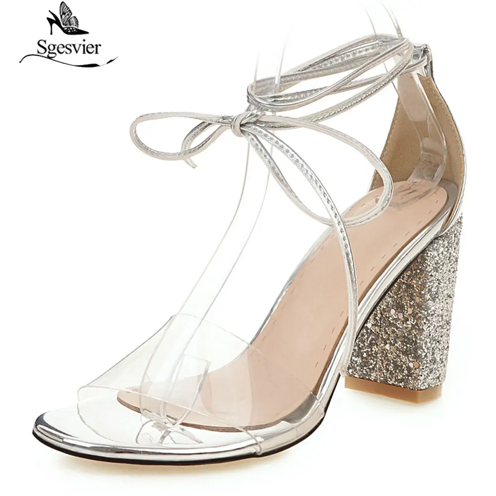 Sgesvier 2020 nový unikátny pvc letné topánky hrubé vysoké podpätky šaty topánky jednoduché, elegantné party, svadobné topánky ženy sandále G238