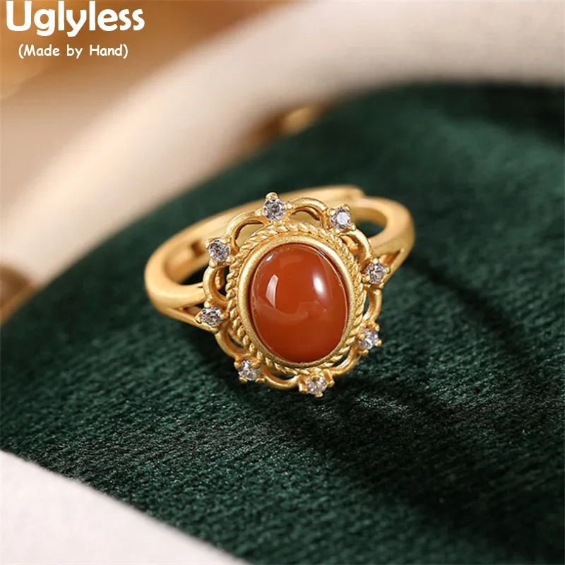 Uglyless Luxusné Kryštály Slnko Halo Zlaté Prstene pre Ženy Prírodné Achát Krúžky Pevné 925 Striebro, drahé Kamene, Šperky Duté Otvoriť Krúžok