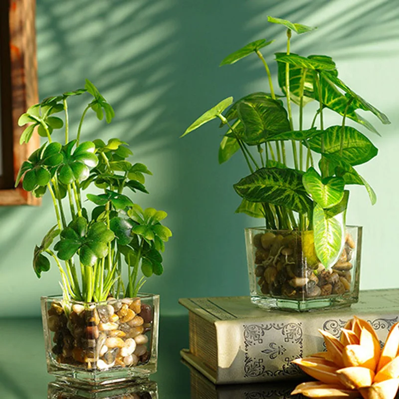 Umelé Rastliny s Simulácia Bonsai Sklenený Hrniec 4-leaf Clover Okenné Dekorácie do Domácnosti Stôl THIN889