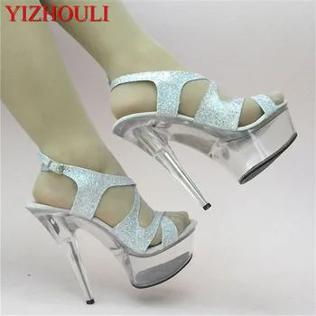 15 cm Farebné Sexy Vysoké Podpätky Crystal Sandále, Topánky 6 Palcový Stiletto Vysoké Podpätky Jasné Platformy Strieborný Lesk Sexy Sandál
