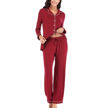 2 Ks Ženy Sleepwear Pevné Pyžamo Nastaviť Jeseň Dlhý Rukáv Top+Nohavice Dámske Pyžamá Vyhovovali tvaru Tlačidlo Dlhé Pyžamá Pre Ženy