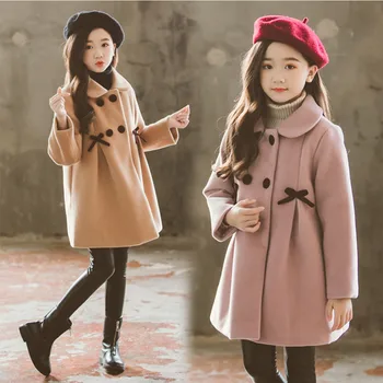 2021New Bowknot Dievčenské Zimné Stredná Dĺžka Klope Kabáta Detí Obojstranné Vlnené Dieťa Zimný Kabát Oblečenie Pre Teenagerov