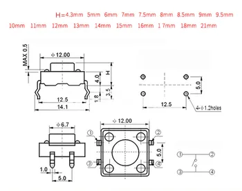 50Pcs/Veľa 12x12x9 12x12x9MM Dotknite sa Tlačidla Micro Switch Priame Plug-in Self-reset 12*12*9 mm tlačidlá tlačidlo DIP 4PIN 12*12*9