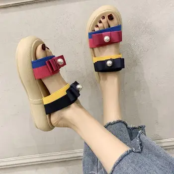 Bowknot muffin hrubé dno žena papuče 2020 letné nový-line sandále nosiť módne pláže topánky Z794