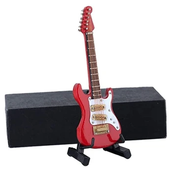 Drevené Miniatúrne Elektrická Gitara so Stojanom a v Prípade Mini Hudobný Nástroj Miniatúrny domček pre bábiky Model 14 cm