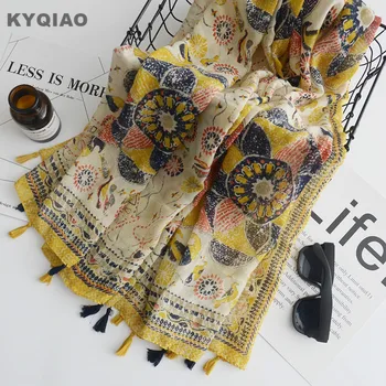 Etnické žltá šatka, luxusné značky pre ženy jeseň jar Japonský štýl české dlhé žlté geometrických tlač šatky kapskom