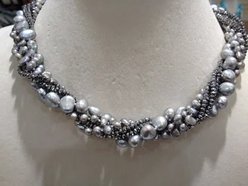 Hot predaj Multi - vrstvený prírodné striebro-sivé barokový sladkovodné perly sklo krištáľ twist náhrdelník náramok nastaviť módne šperky