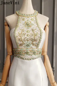 JaneVini Luxusné Morská víla Afriky Prom Šaty pre Ženy Dlho Crystal Biele Perlové Otvoriť Späť Večerné Šaty Saténové Formálnej Strany Šaty