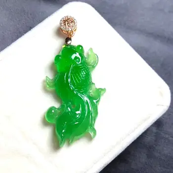 Krásne Myanmar Green Jade jaspis Prívesok smaragd Gem rybka Amulet Veľmi Šťastný Talizman
