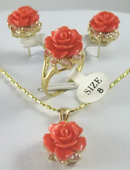 Krásne dámske Svadobné Šperky 12MM Pink Coral Vyrezávané Kvetinový Náušnice, Prsteň Náhrdelník s Príveskom