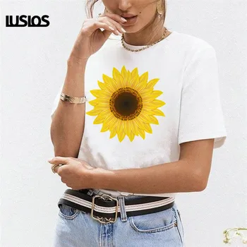LUSLOS slnečnice tlač módne ženy topy t shirt 2019 lete krátky rukáv bežné biele tričko plus veľkosť roztomilý harajuku móde T