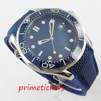 Top vysoká kvalita 41mm modrá dial pánske hodinky automatický dátum okno zafírové sklo gumy popruh