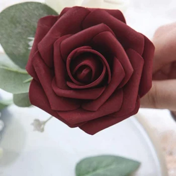 Umelé Kvety 25Pcs Reálnom Pohľade Burgundsko Falošné Ruže s Stonky pre KUTILOV, Svadobné Kytice, Červené Svadobné Sprcha
