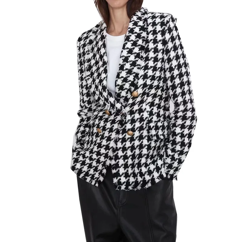 Ženy tweed bundy 2020 módne office dámske čierne strapec Houndstooth coats žena jeseň hrubé kockovaný kabát dievčatá elegantné BY272
