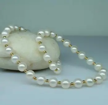 9mm biela perla zlaté korálky mix choker náhrdelník zlatá spona prírodné Sladkovodné PERLY Ženám, Šperky 35 cm 43 cm 15